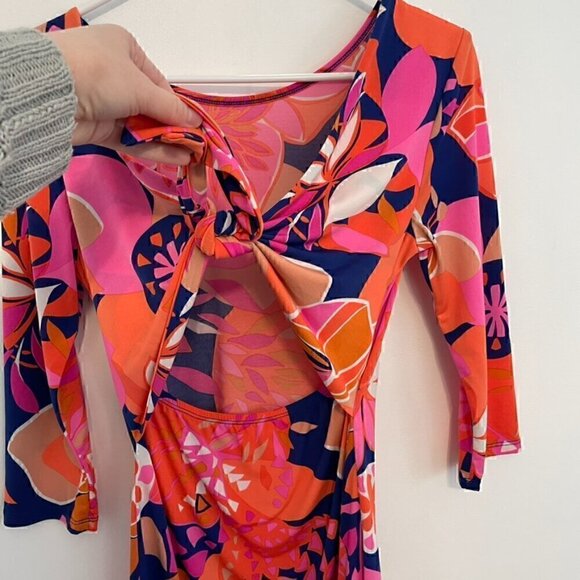 TRINA TRINA TURK Ocean Floral Matte Jersey Tie Back Dress Orange Pink Mini Party - Picture 13 of 14